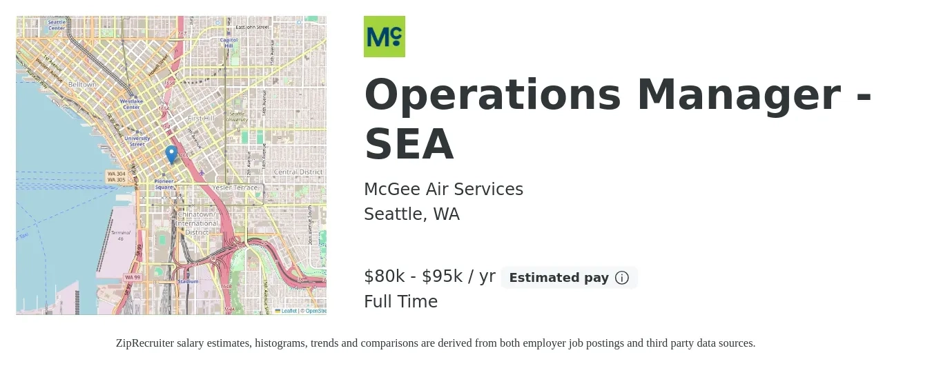 McGee Air Services job posting for a Operations Manager - SEA in Seattle, WA with a salary of $78,258 to $117,387 Yearly with a map of Seattle location.