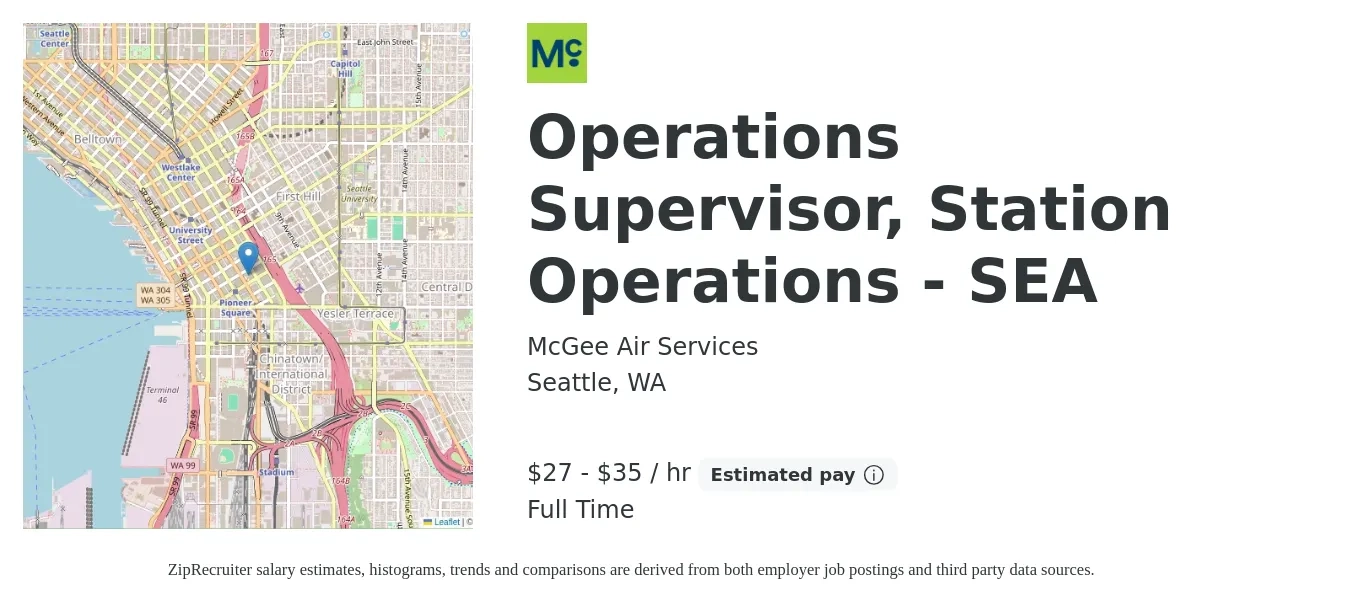 McGee Air Services job posting for a Operations Supervisor, Station Operations - SEA in Seattle, WA with a salary of $29 to $37 Hourly with a map of Seattle location.
