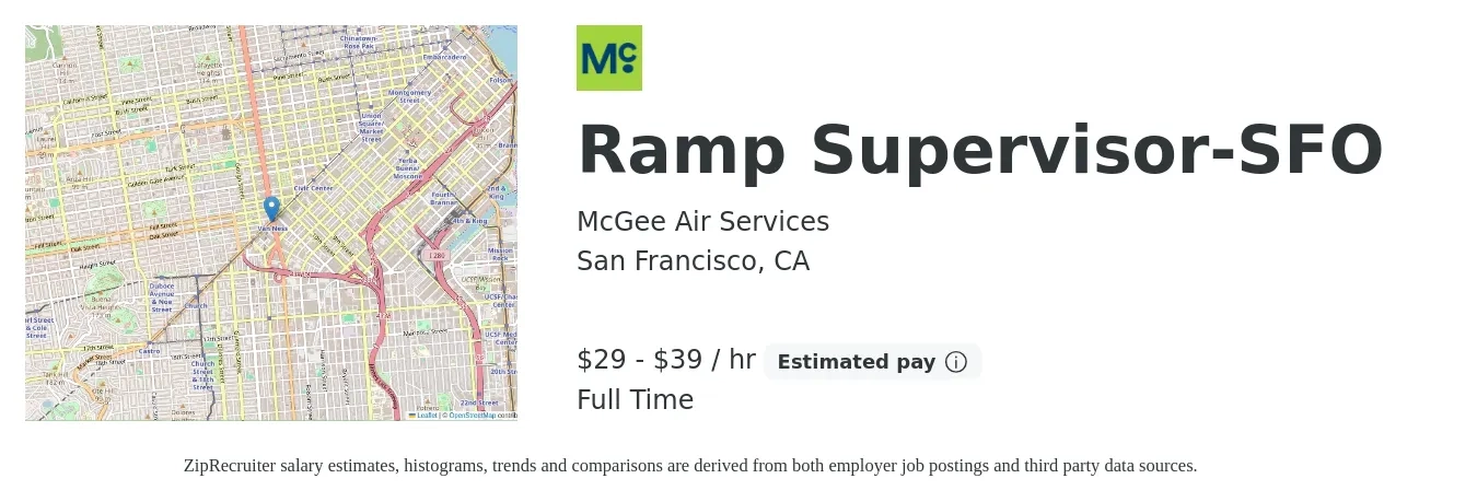 McGee Air Services job posting for a Ramp Supervisor-SFO in San Francisco, CA with a salary of $31 to $41 Hourly with a map of San Francisco location.
