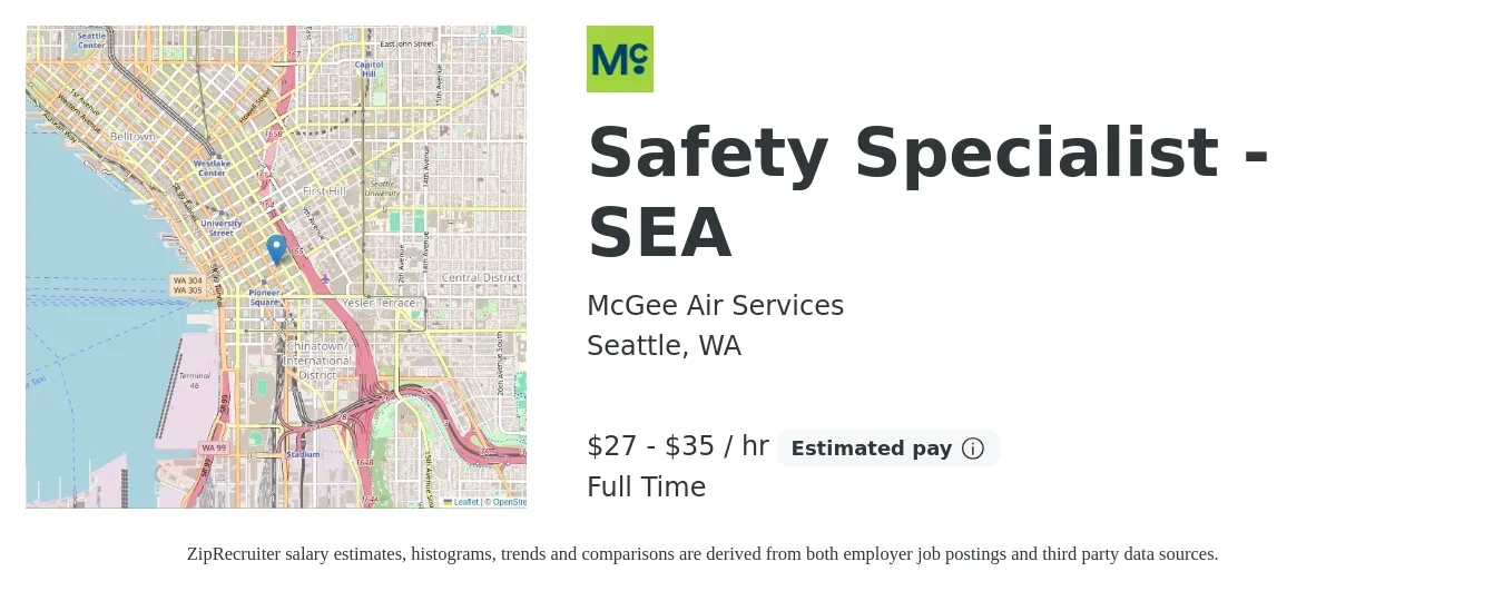 McGee Air Services job posting for a Safety Specialist - SEA in Seattle, WA with a salary of $29 to $37 Hourly with a map of Seattle location.