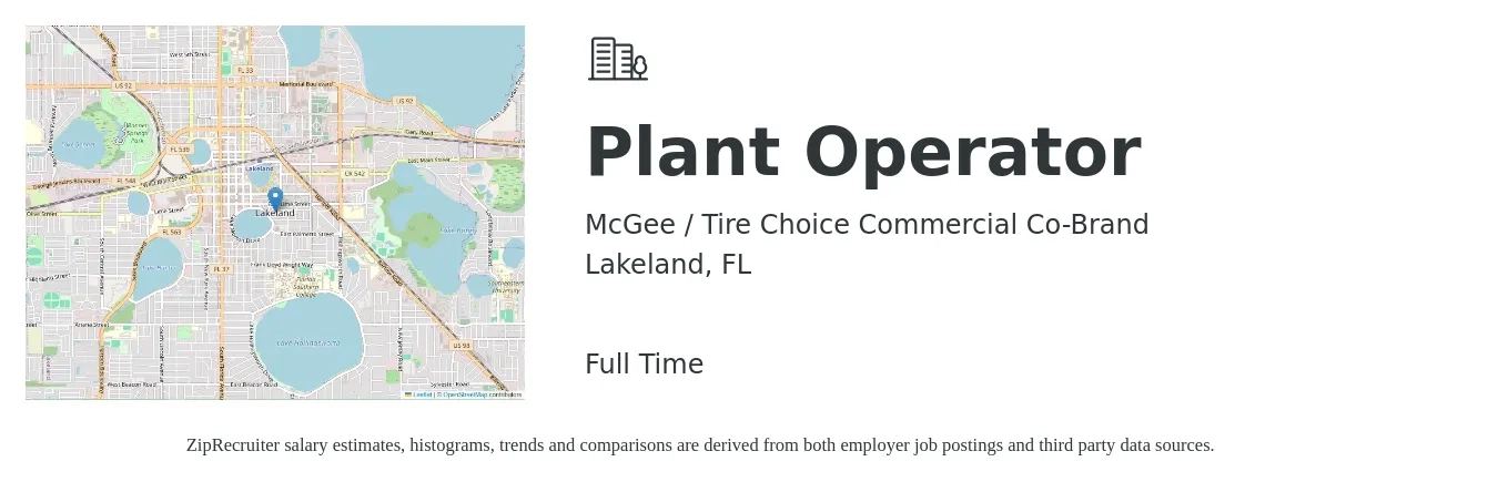 McGee / Tire Choice Commercial Co-Brand job posting for a Plant Operator in Lakeland, FL with a salary of $22 Hourly with a map of Lakeland location.