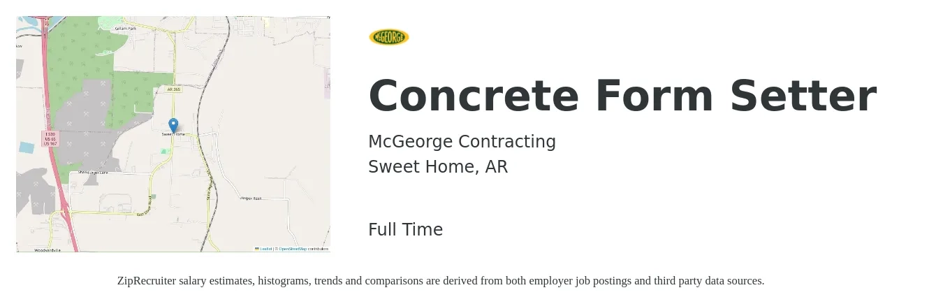 McGeorge Contracting job posting for a Concrete Form Setter in Sweet Home, AR with a salary of $24 to $29 Hourly with a map of Sweet Home location.