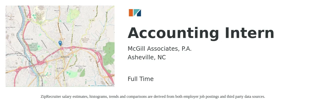 McGill Associates, P.A. job posting for a Accounting Intern in Asheville, NC with a salary of $15 to $19 Hourly with a map of Asheville location.