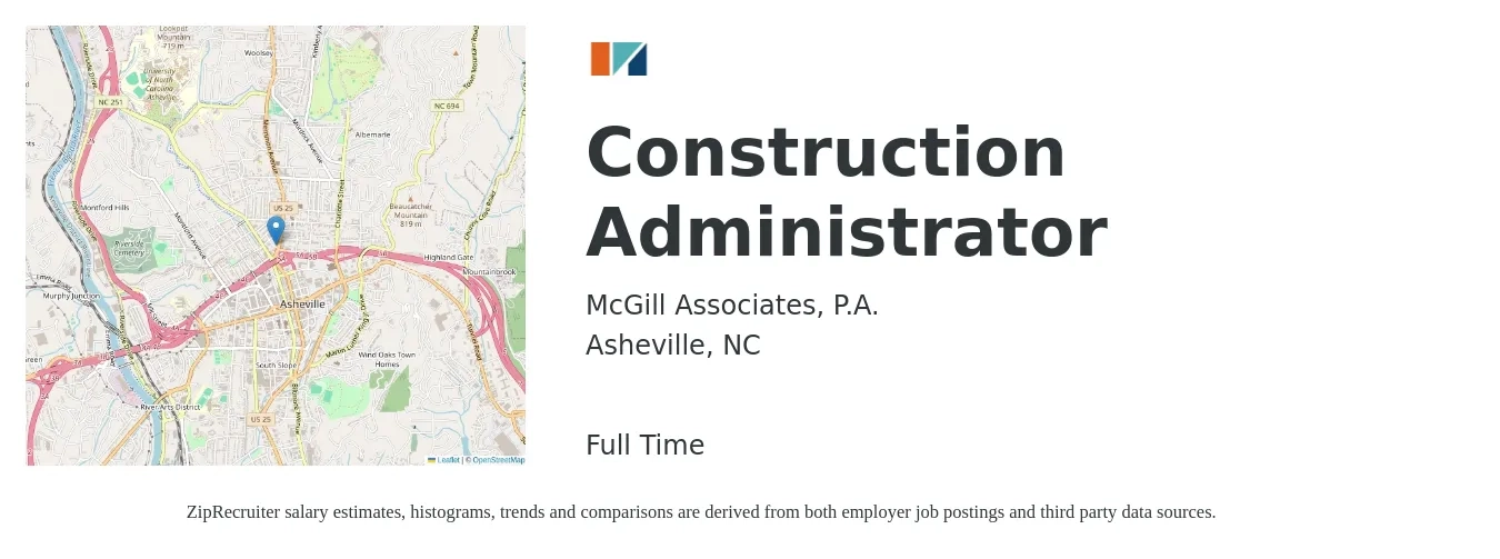 McGill Associates, P.A. job posting for a Construction Administrator in Asheville, NC with a salary of $48,200 to $74,700 Yearly with a map of Asheville location.