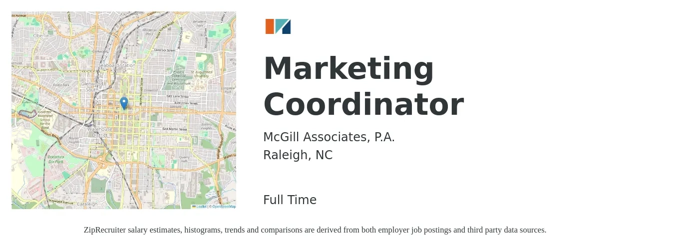 McGill Associates, P.A. job posting for a Marketing Coordinator in Raleigh, NC with a salary of $37,500 to $51,600 Yearly with a map of Raleigh location.