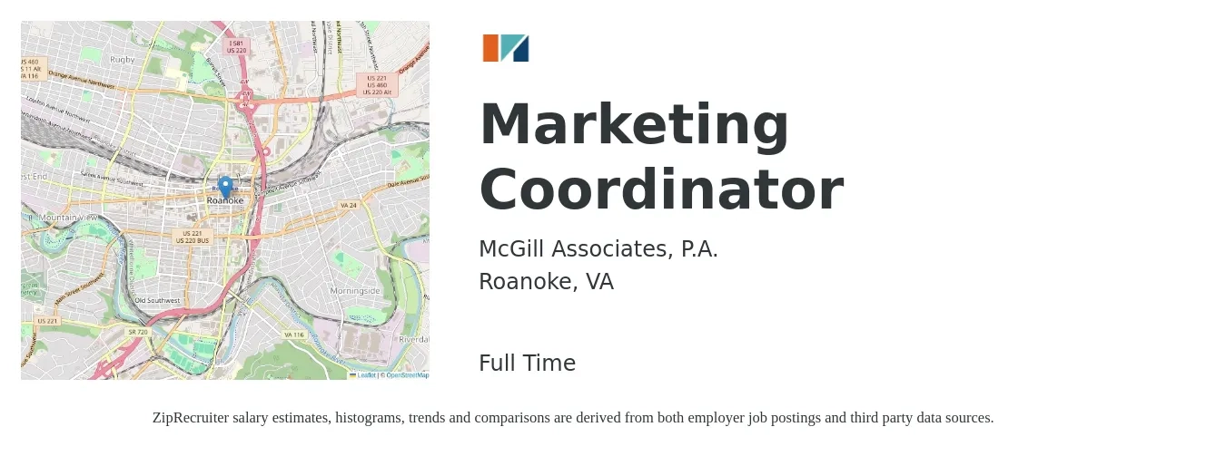 McGill Associates, P.A. job posting for a Marketing Coordinator in Roanoke, VA with a salary of $36,400 to $50,100 Yearly with a map of Roanoke location.