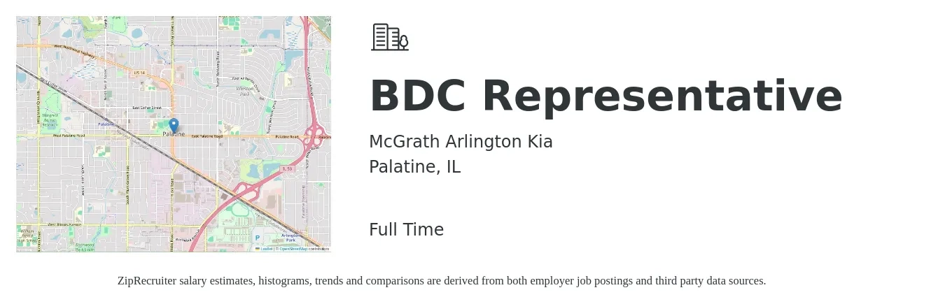 McGrath Arlington Kia job posting for a BDC Representative in Palatine, IL with a salary of $15 to $20 Hourly with a map of Palatine location.