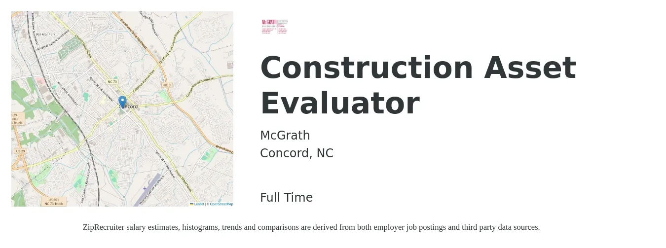 McGrath job posting for a Construction Asset Evaluator in Concord, NC with a salary of $46,100 to $72,600 Yearly with a map of Concord location.