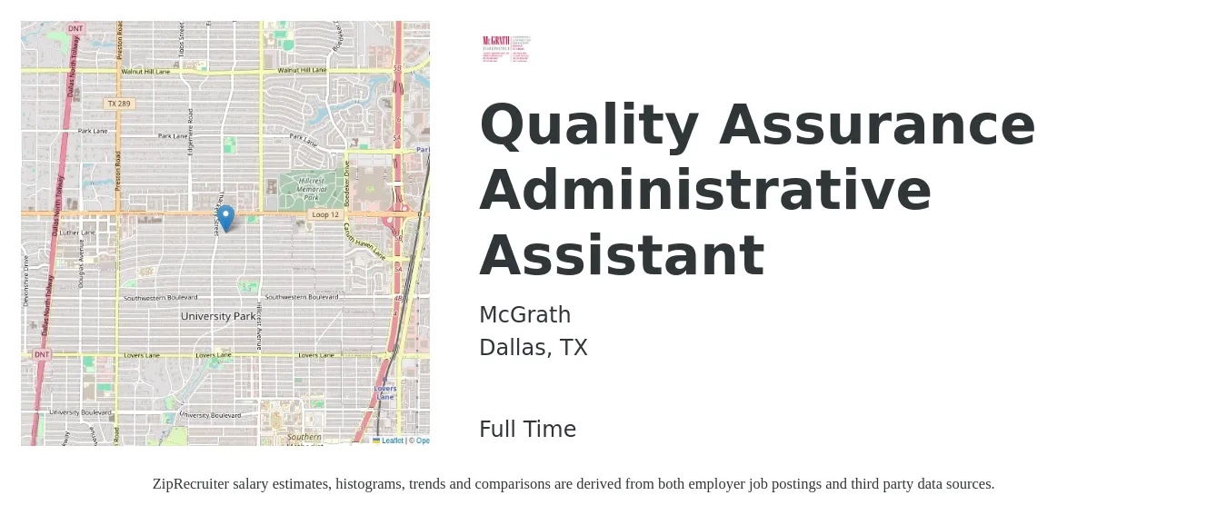McGrath job posting for a Quality Assurance Administrative Assistant in Dallas, TX with a salary of $19 to $24 Hourly with a map of Dallas location.