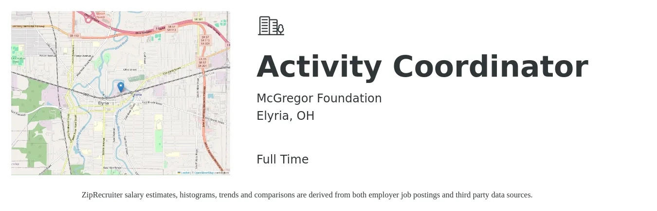 McGregor Foundation job posting for a Activity Coordinator in Elyria, OH with a salary of $14 to $19 Hourly with a map of Elyria location.