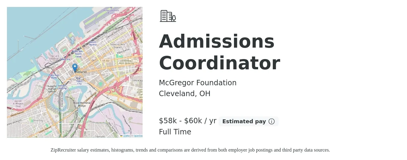 McGregor Foundation job posting for a Admissions Coordinator in Cleveland, OH with a salary of $58,000 to $60,000 Yearly with a map of Cleveland location.