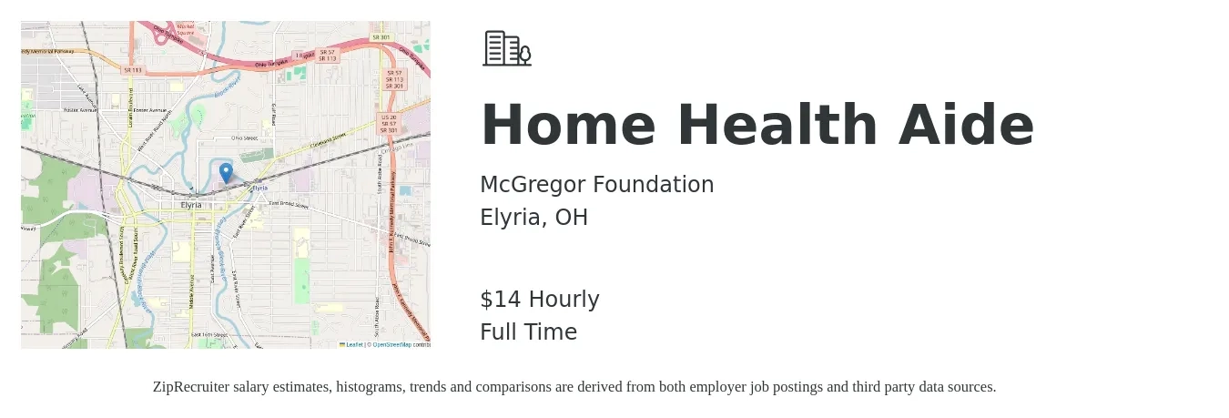 McGregor Foundation job posting for a Home Health Aide in Elyria, OH with a salary of $16 Hourly with a map of Elyria location.