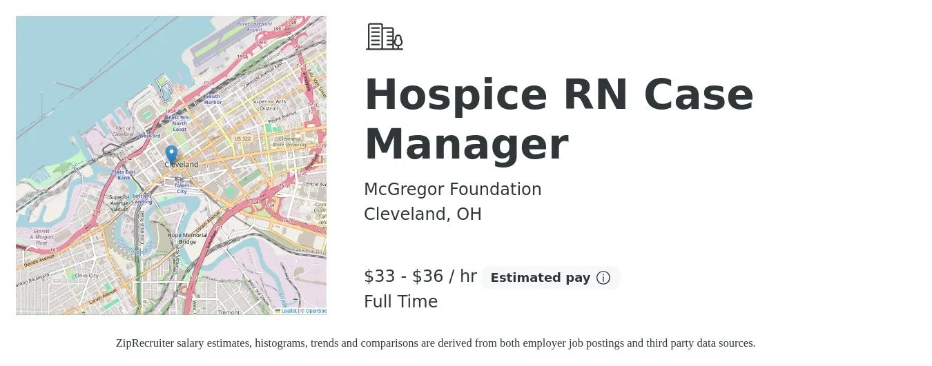 McGregor Foundation job posting for a Hospice RN Case Manager in Cleveland, OH with a salary of $35 to $38 Hourly with a map of Cleveland location.