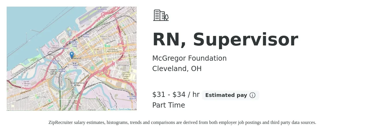 McGregor Foundation job posting for a RN, Supervisor in Cleveland, OH with a salary of $33 to $36 Hourly with a map of Cleveland location.