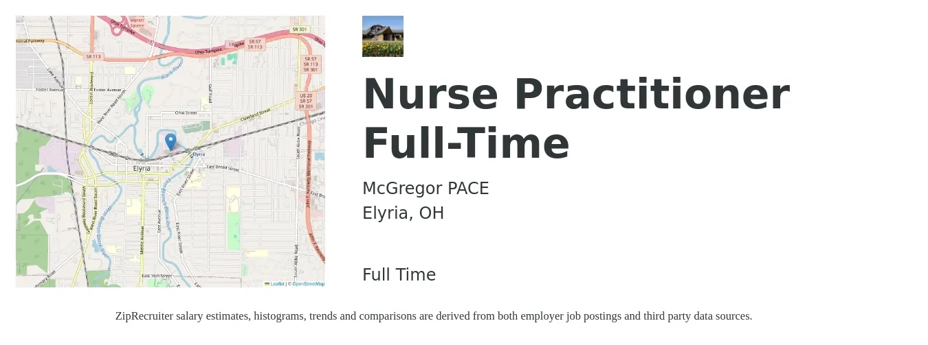 McGregor PACE job posting for a Nurse Practitioner Full-Time in Elyria, OH with a salary of $98,500 to $136,800 Yearly with a map of Elyria location.