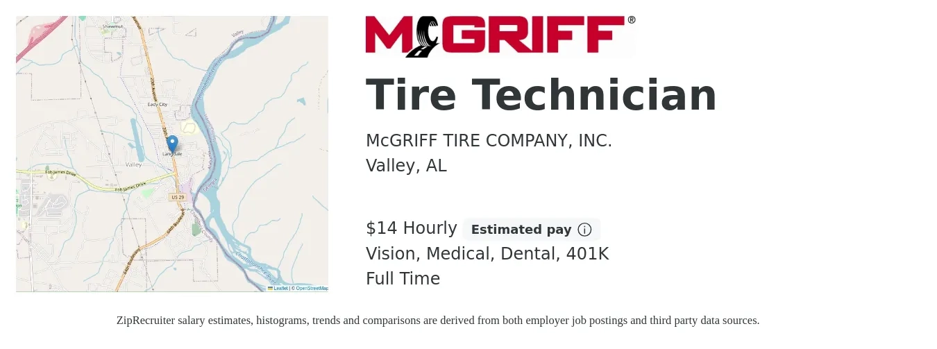 McGRIFF TIRE COMPANY, INC. job posting for a Tire Technician in Valley, AL with a salary of $15 Hourly and benefits including life_insurance, medical, vision, 401k, and dental with a map of Valley location.