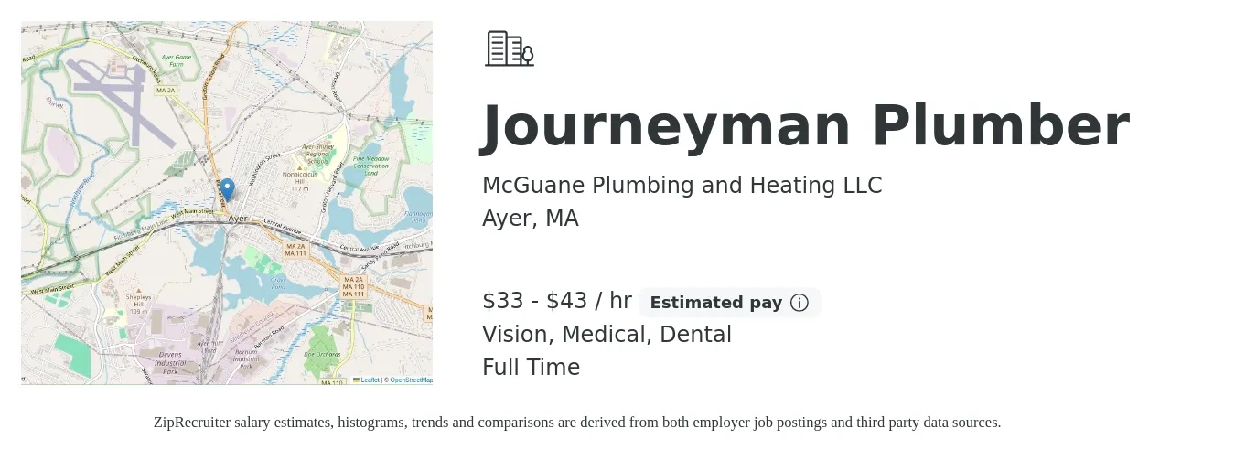 McGuane Plumbing and Heating LLC job posting for a Journeyman Plumber in Ayer, MA with a salary of $35 to $45 Hourly and benefits including medical, pto, vision, and dental with a map of Ayer location.