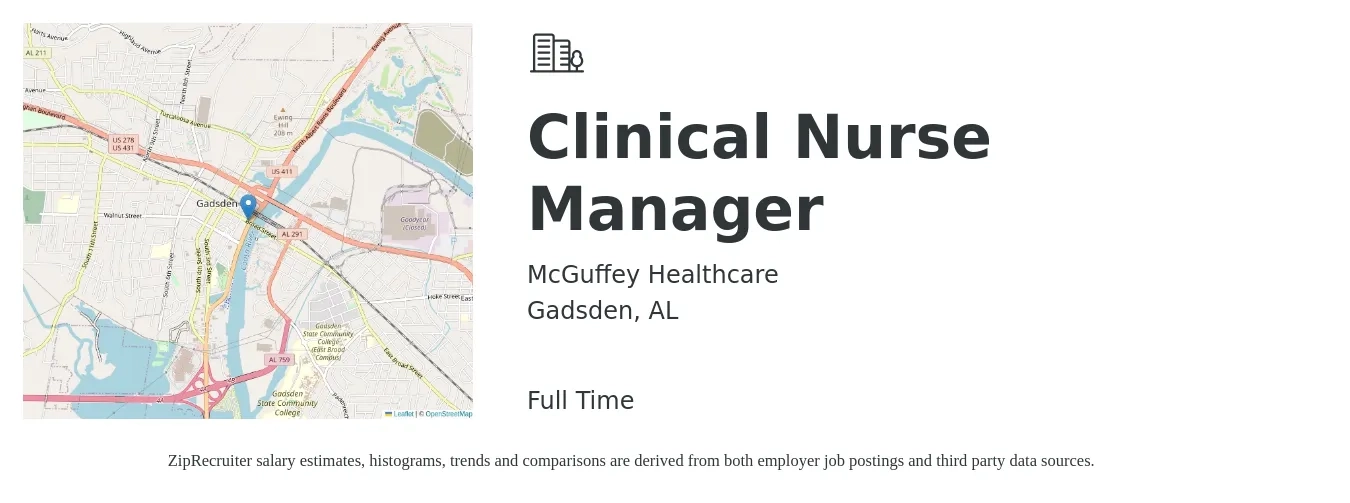 McGuffey Healthcare job posting for a Clinical Nurse Manager in Gadsden, AL with a salary of $59,900 to $88,200 Yearly with a map of Gadsden location.