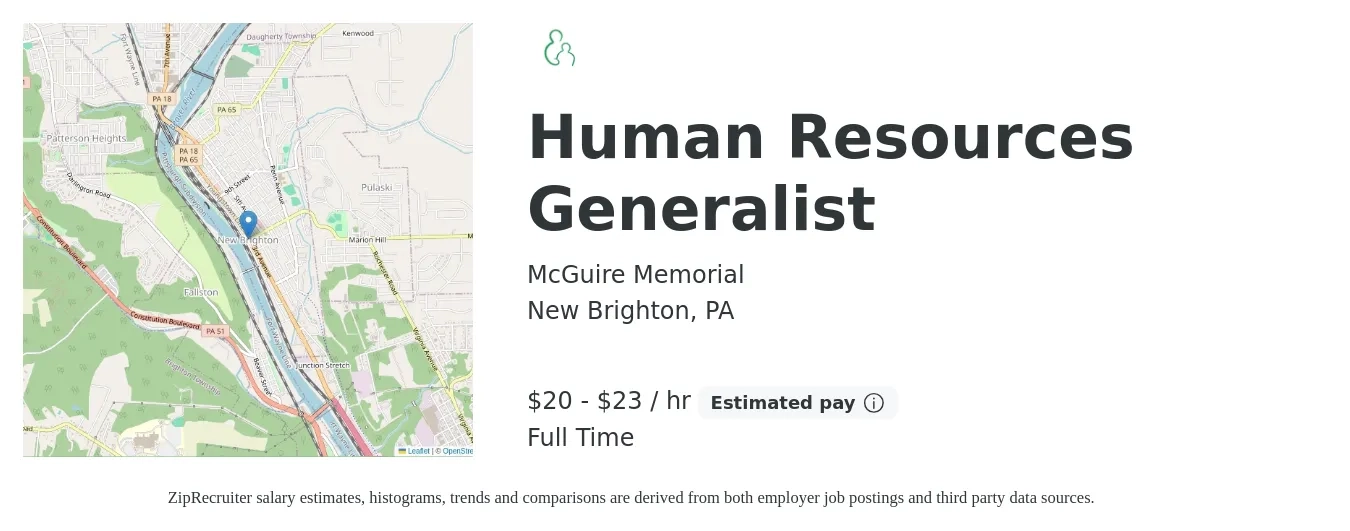 McGuire Memorial job posting for a Human Resources Generalist in New Brighton, PA with a salary of $21 to $24 Hourly with a map of New Brighton location.