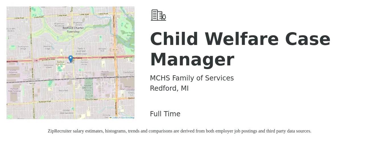 MCHS Family of Services job posting for a Child Welfare Case Manager in Redford, MI with a salary of $20 to $25 Hourly with a map of Redford location.