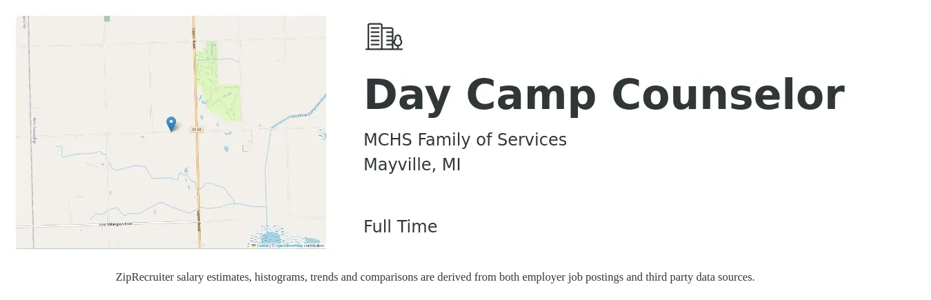 MCHS Family of Services job posting for a Day Camp Counselor in Mayville, MI with a salary of $12 to $17 Hourly with a map of Mayville location.