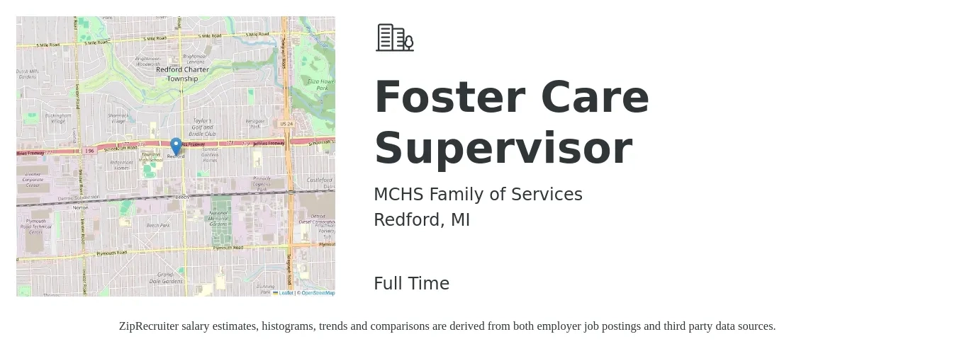 MCHS Family of Services job posting for a Foster Care Supervisor in Redford, MI with a salary of $41,400 to $63,100 Yearly with a map of Redford location.