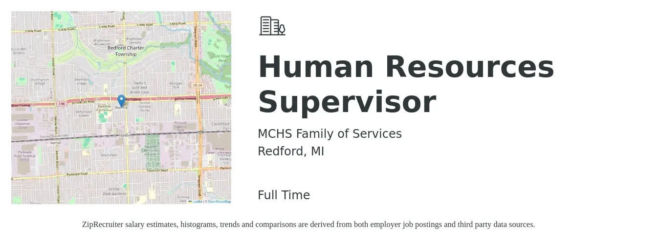 MCHS Family of Services job posting for a Human Resources Supervisor in Redford, MI with a salary of $68,000 to $98,500 Yearly with a map of Redford location.