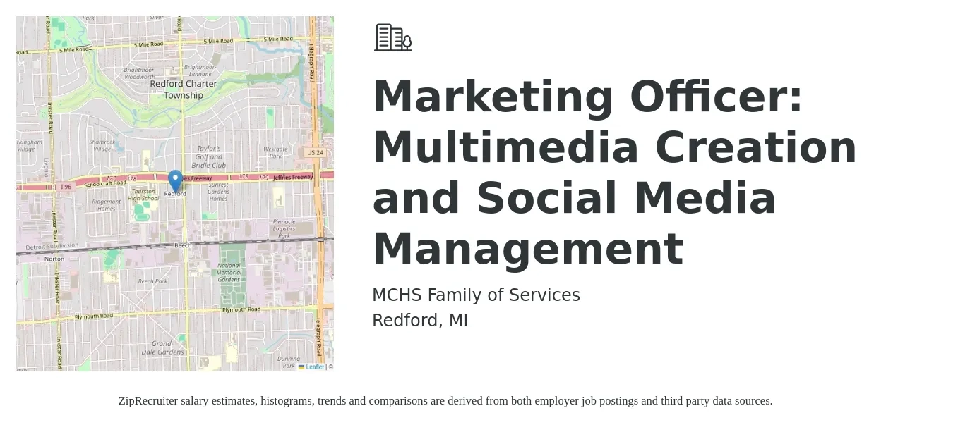 MCHS Family of Services job posting for a Marketing Officer: Multimedia Creation and Social Media Management in Redford, MI with a salary of $41,400 to $61,100 Yearly with a map of Redford location.