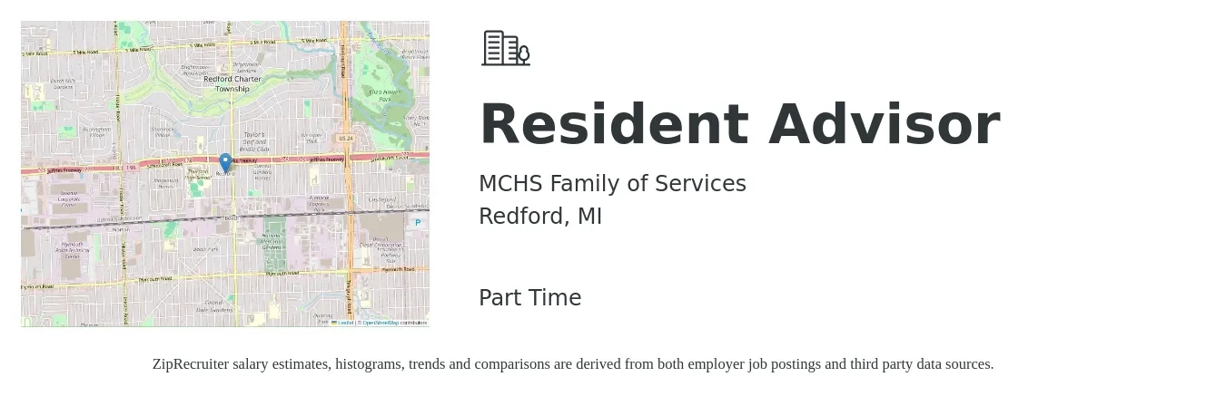 MCHS Family of Services job posting for a Resident Advisor in Redford, MI with a salary of $16 to $18 Hourly with a map of Redford location.