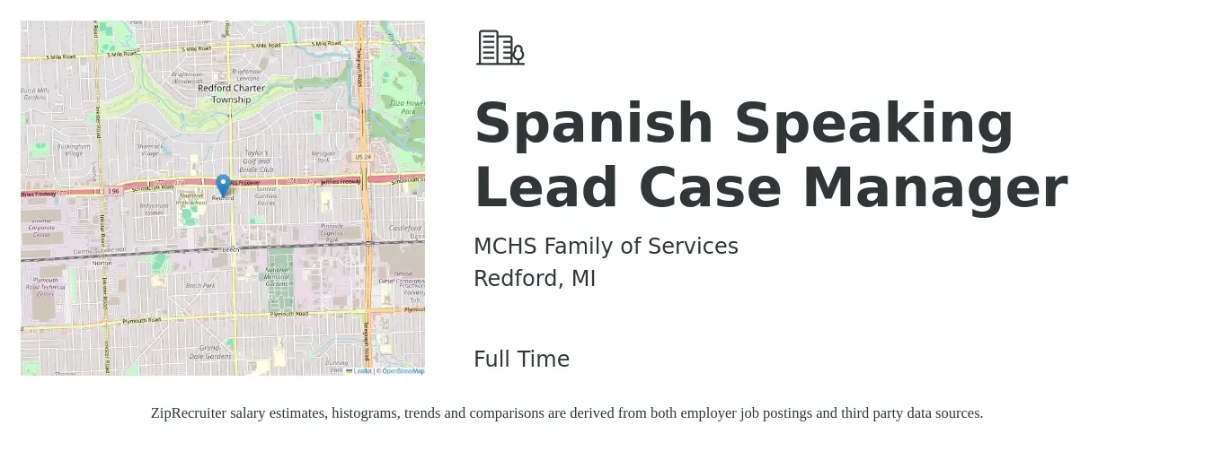 MCHS Family of Services job posting for a Spanish Speaking Lead Case Manager in Redford, MI with a salary of $22 to $32 Hourly with a map of Redford location.
