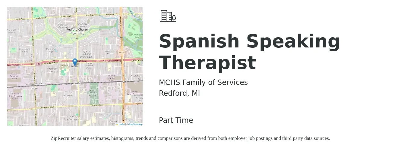 MCHS Family of Services job posting for a Spanish Speaking Therapist in Redford, MI with a salary of $50,300 to $66,000 Yearly with a map of Redford location.