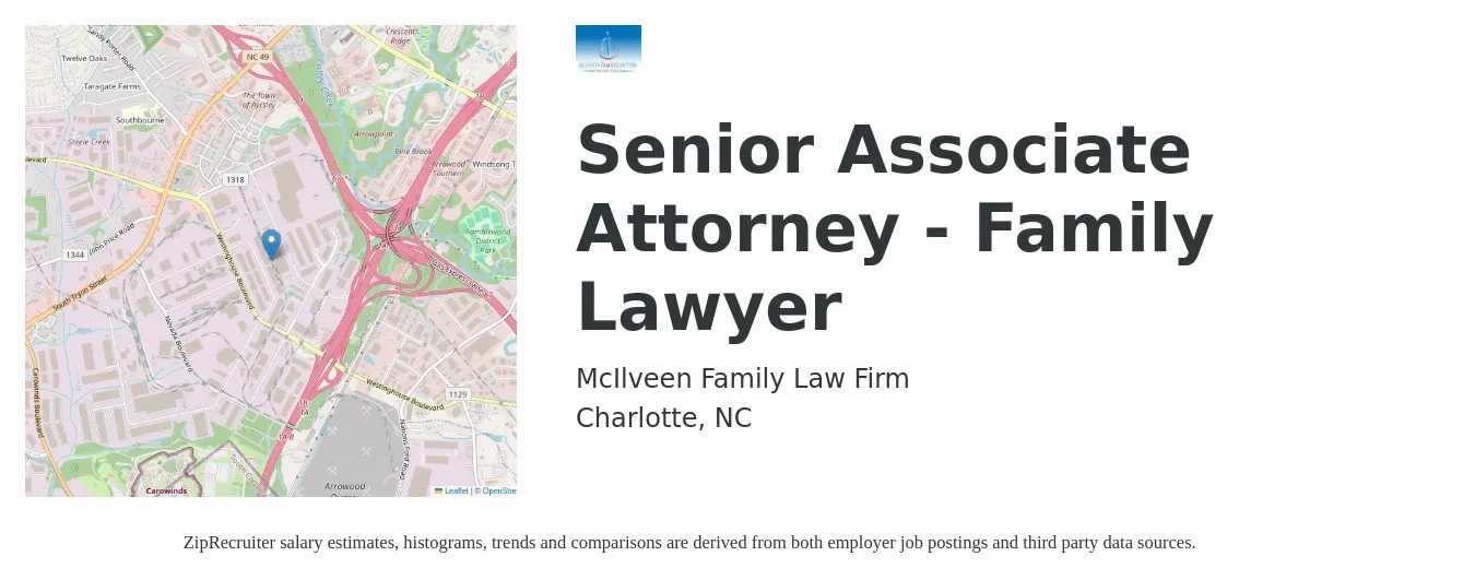 McIlveen Family Law Firm job posting for a Senior Associate Attorney - Family Lawyer in Charlotte, NC with a salary of $100,000 Yearly with a map of Charlotte location.