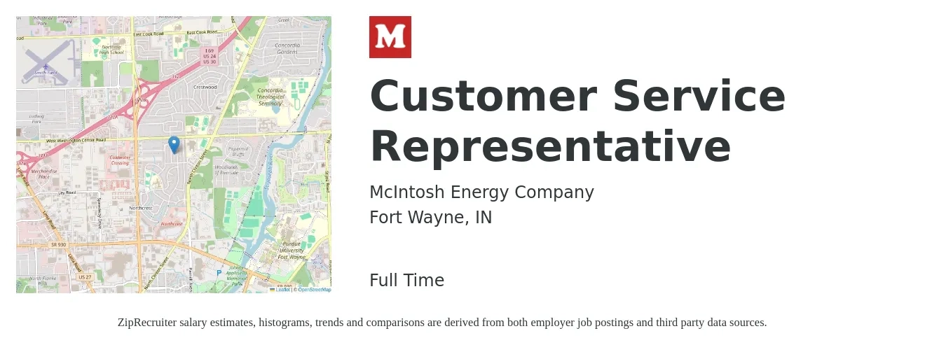 McIntosh Energy Company job posting for a Customer Service Representative in Fort Wayne, IN with a salary of $15 to $20 Hourly with a map of Fort Wayne location.