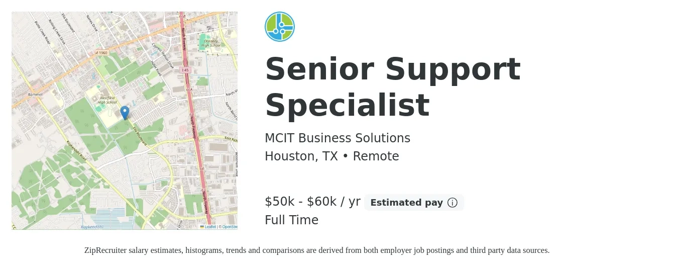 MCIT Business Solutions job posting for a Senior Support Specialist in Houston, TX with a salary of $50,000 to $60,000 Yearly and benefits including pto with a map of Houston location.