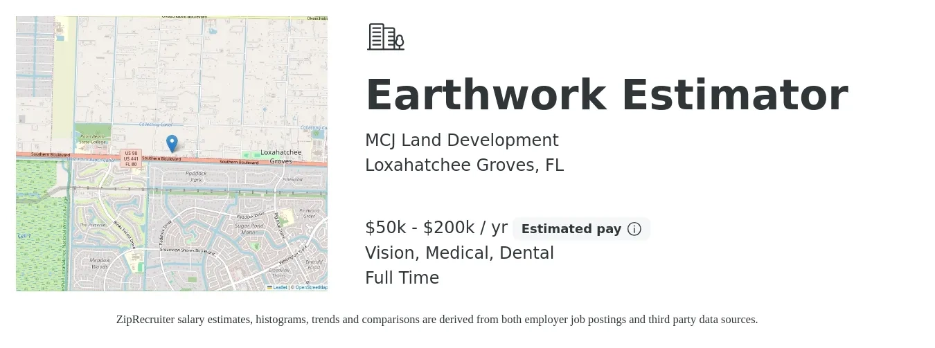 MCJ Land Development job posting for a Earthwork Estimator in Loxahatchee Groves, FL with a salary of $50,000 to $200,000 Yearly and benefits including retirement, vision, dental, life_insurance, and medical with a map of Loxahatchee Groves location.