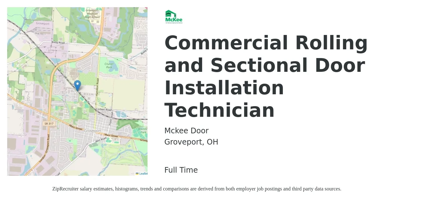 Mckee Door job posting for a Commercial Rolling and Sectional Door Installation Technician in Groveport, OH with a salary of $18 to $28 Hourly with a map of Groveport location.