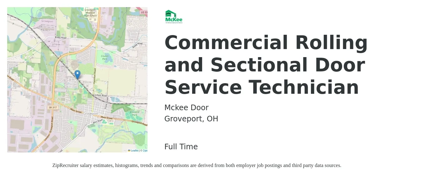 Mckee Door job posting for a Commercial Rolling and Sectional Door Service Technician in Groveport, OH with a salary of $20 to $29 Hourly with a map of Groveport location.