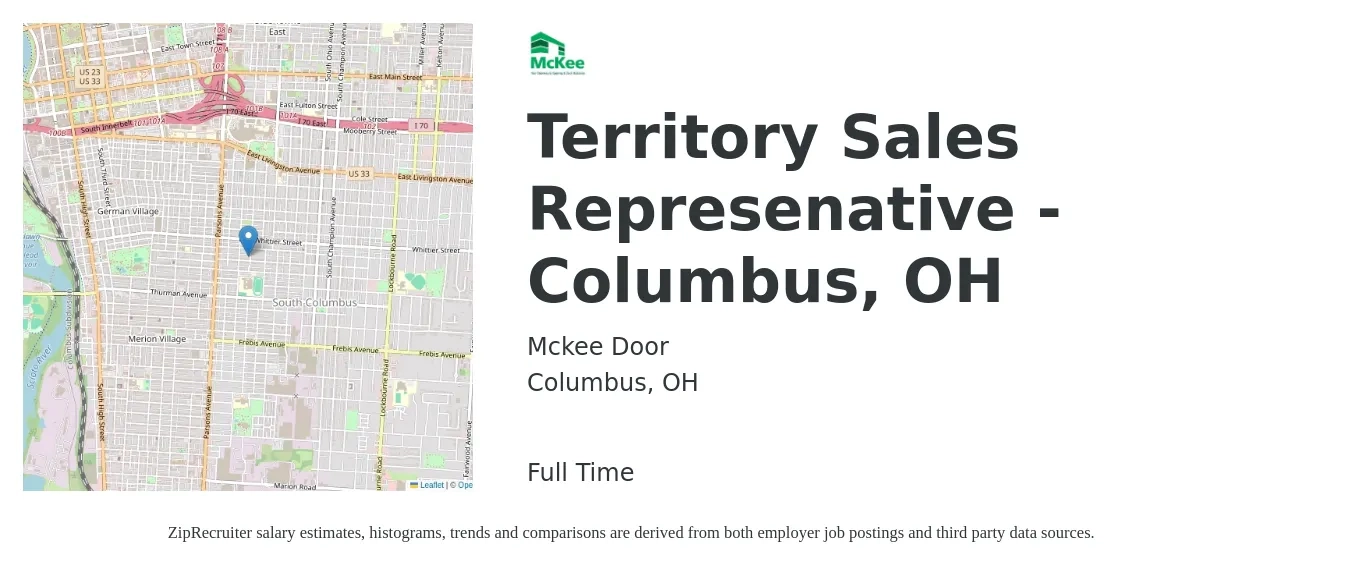 Mckee Door job posting for a Territory Sales Represenative - Columbus, OH in Columbus, OH with a salary of $48,300 to $80,200 Yearly with a map of Columbus location.