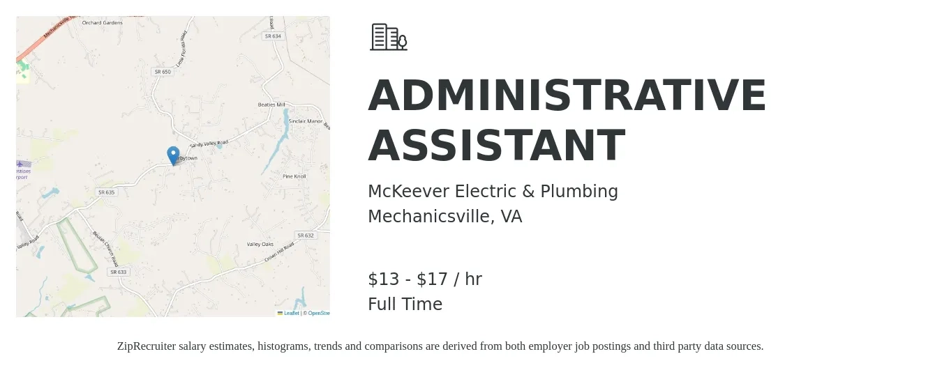 McKeever Electric & Plumbing job posting for a ADMINISTRATIVE ASSISTANT in Mechanicsville, VA with a salary of $14 to $18 Hourly with a map of Mechanicsville location.
