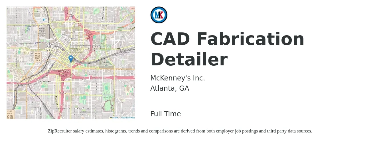 McKenney's Inc. job posting for a CAD Fabrication Detailer in Atlanta, GA with a salary of $22 to $31 Hourly with a map of Atlanta location.