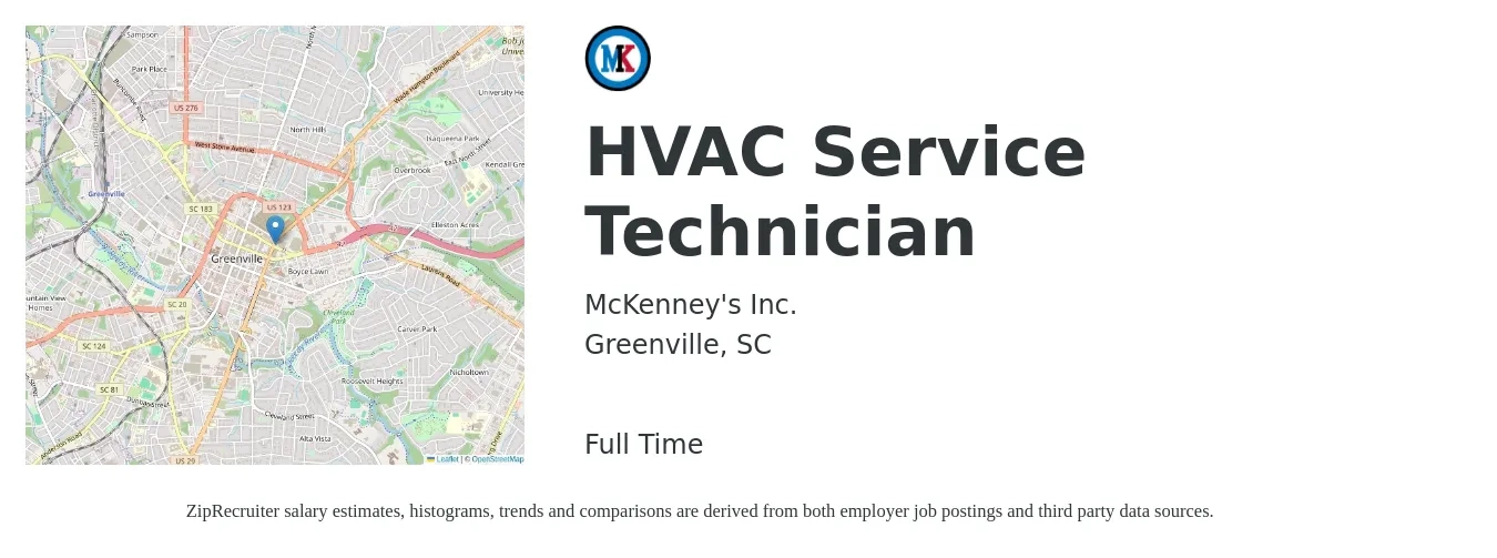 McKenney's Inc. job posting for a HVAC Service Technician in Greenville, SC with a salary of $24 to $33 Hourly with a map of Greenville location.
