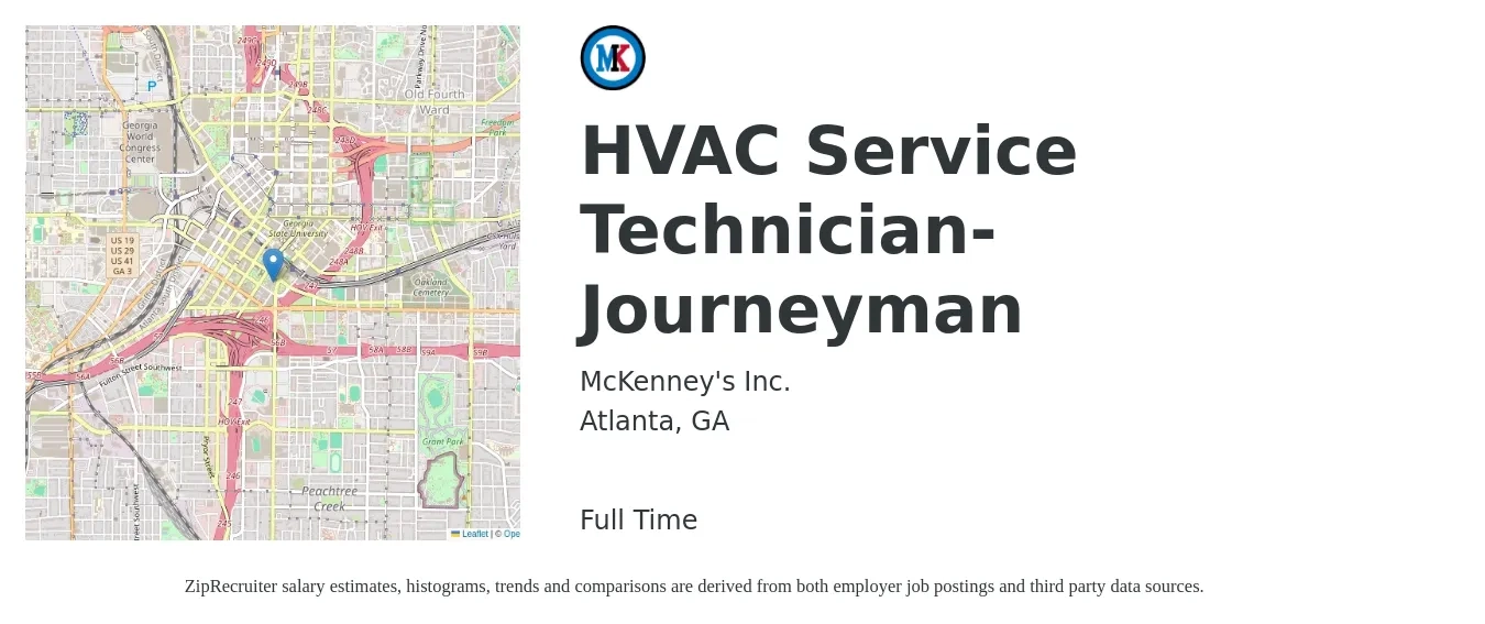 McKenney's Inc. job posting for a HVAC Service Technician- Journeyman in Atlanta, GA with a salary of $24 to $33 Hourly with a map of Atlanta location.