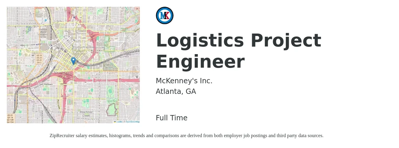 McKenney's Inc. job posting for a Logistics Project Engineer in Atlanta, GA with a salary of $72,700 to $99,100 Yearly with a map of Atlanta location.