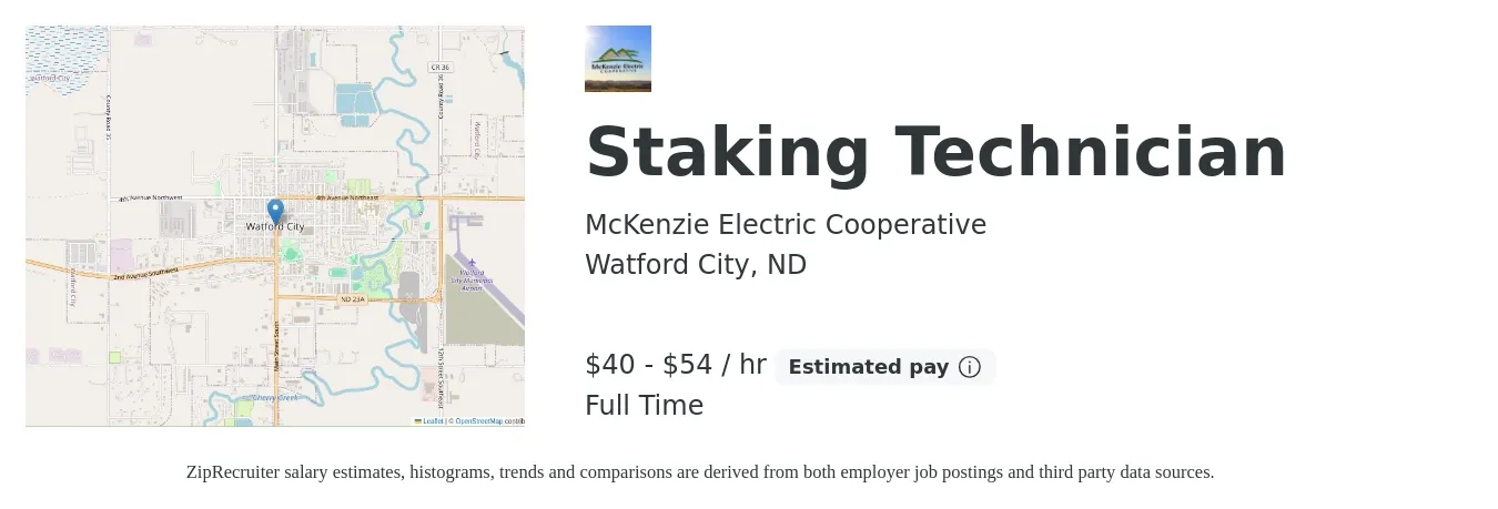 McKenzie Electric Cooperative job posting for a Staking Technician in Watford City, ND with a salary of $43 to $57 Hourly with a map of Watford City location.