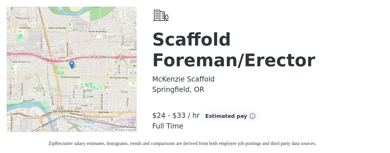 McKenzie Scaffold job posting for a Scaffold Foreman/Erector in Springfield, OR with a salary of $25 to $35 Hourly (plus commission) and benefits including pto, and retirement with a map of Springfield location.