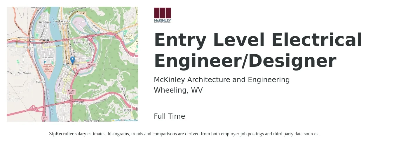 McKinley Architecture and Engineering job posting for a Entry Level Electrical Engineer/Designer in Wheeling, WV with a salary of $64,800 to $103,100 Yearly with a map of Wheeling location.