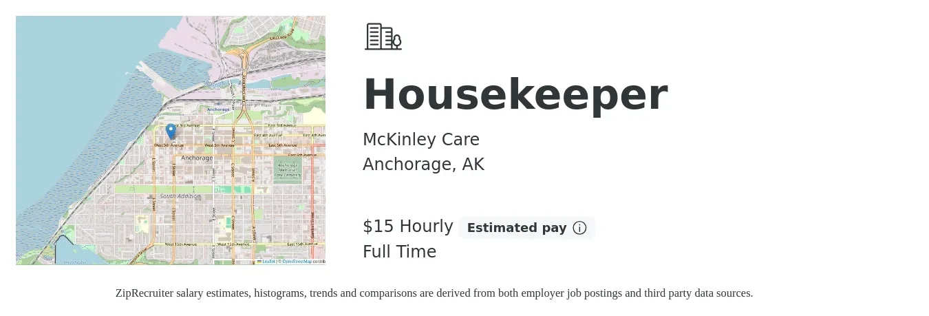McKinley Care job posting for a Housekeeper in Anchorage, AK with a salary of $16 Hourly with a map of Anchorage location.