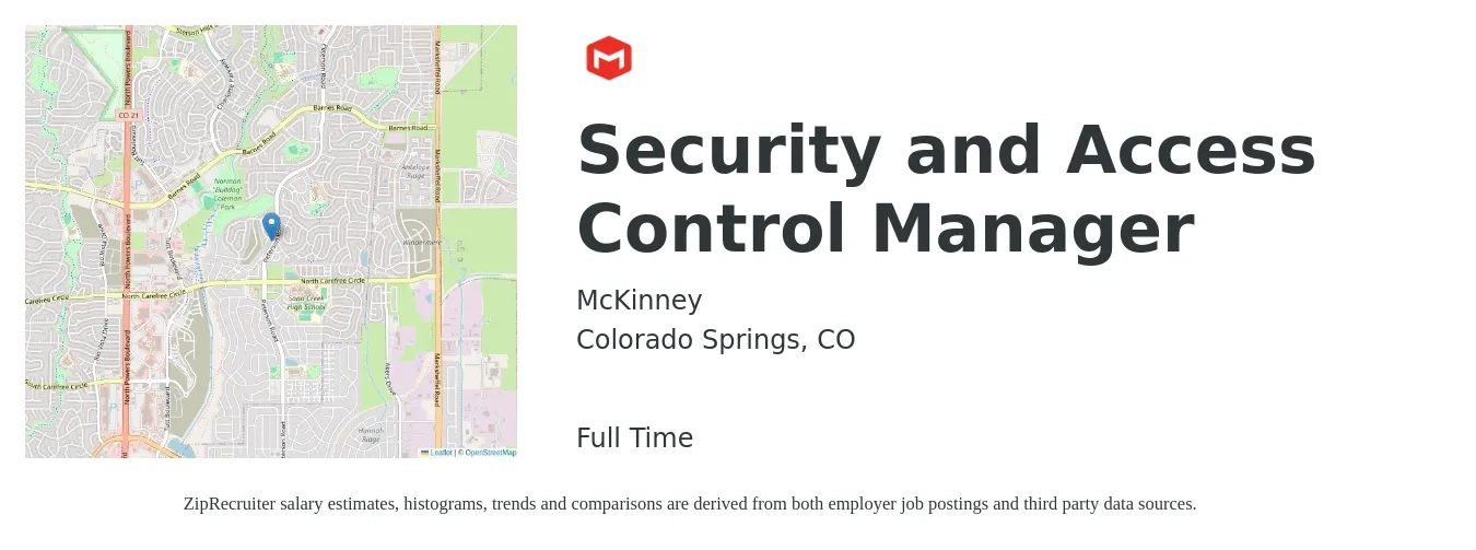 McKinney job posting for a Security and Access Control Manager in Colorado Springs, CO with a salary of $19 to $30 Hourly with a map of Colorado Springs location.