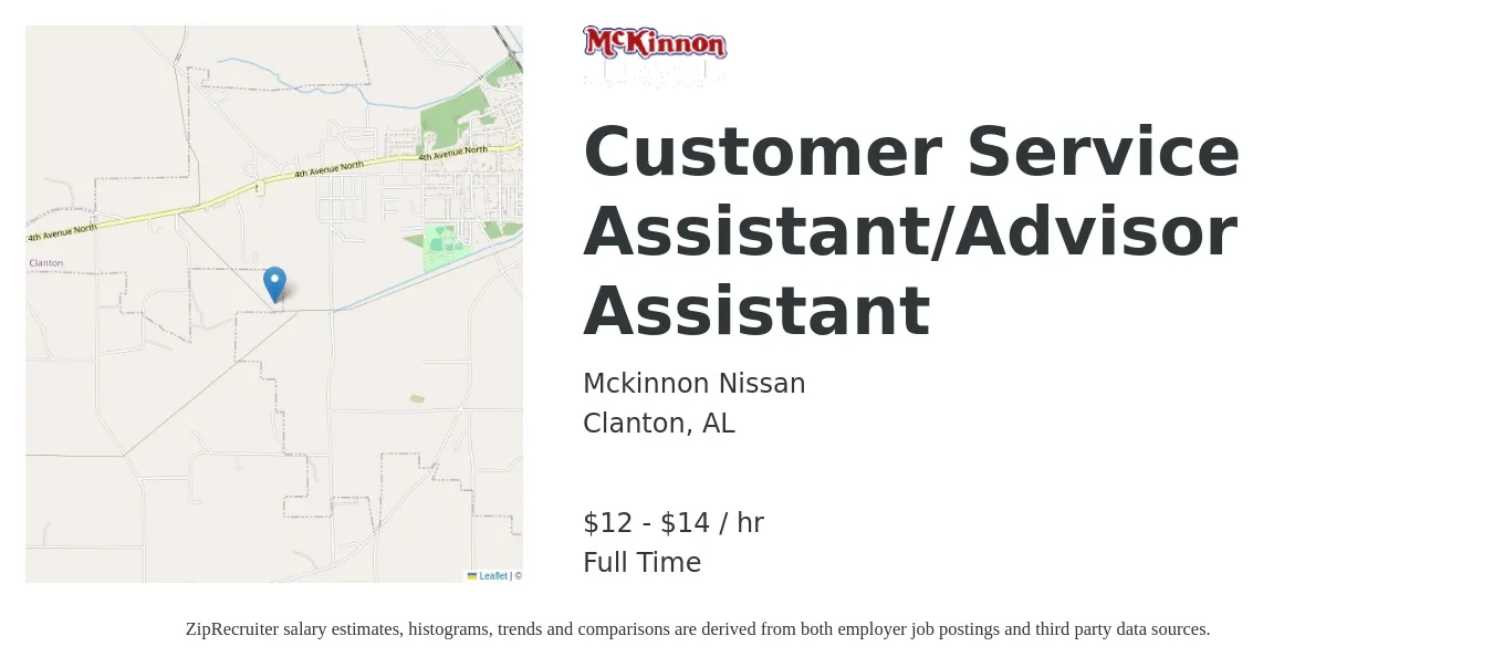 Mckinnon Nissan job posting for a Customer Service Assistant/Advisor Assistant in Clanton, AL with a salary of $13 to $15 Hourly with a map of Clanton location.