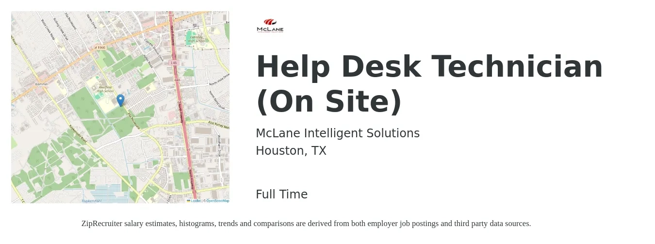 McLane Intelligent Solutions job posting for a Help Desk Technician (On Site) in Houston, TX with a salary of $19 to $26 Hourly with a map of Houston location.